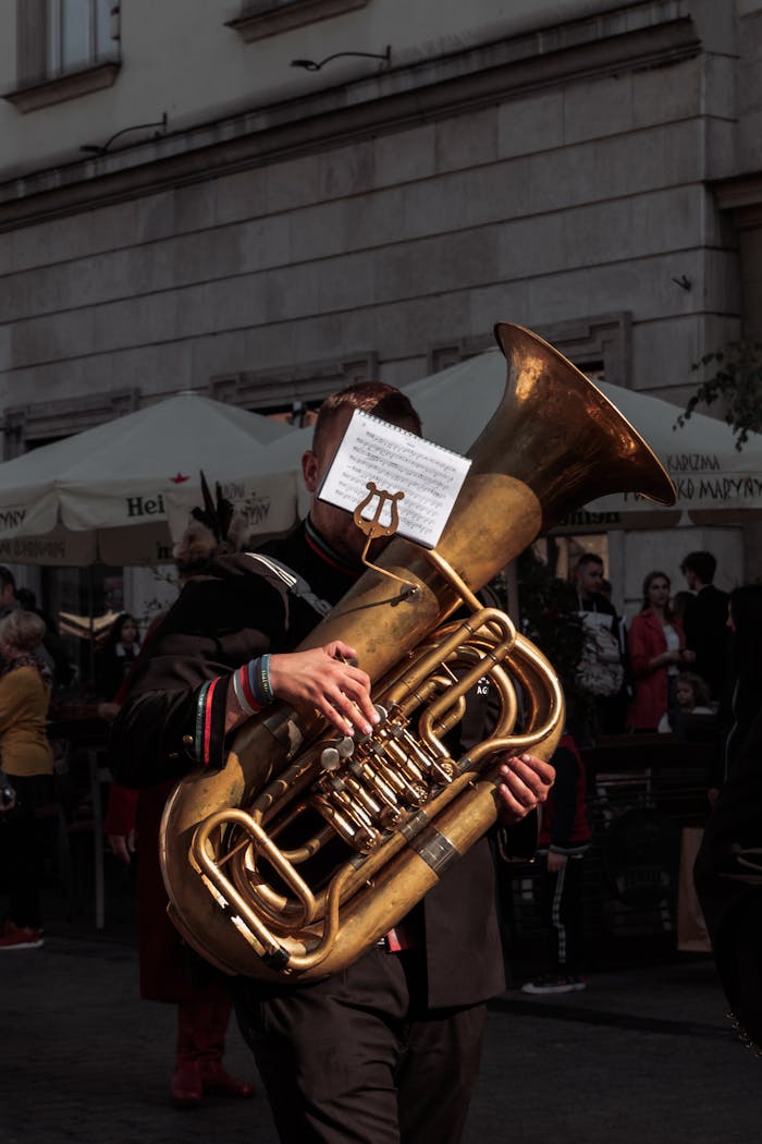 Street performer playing tuba at an outdoor festival, surrounded by people during the day.